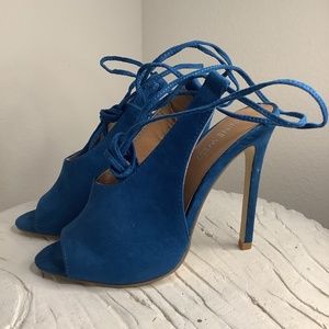 NINE WEST “SUPERGAL” TEAL PEEP TOE TIE UP HEELS SIZE 5.5